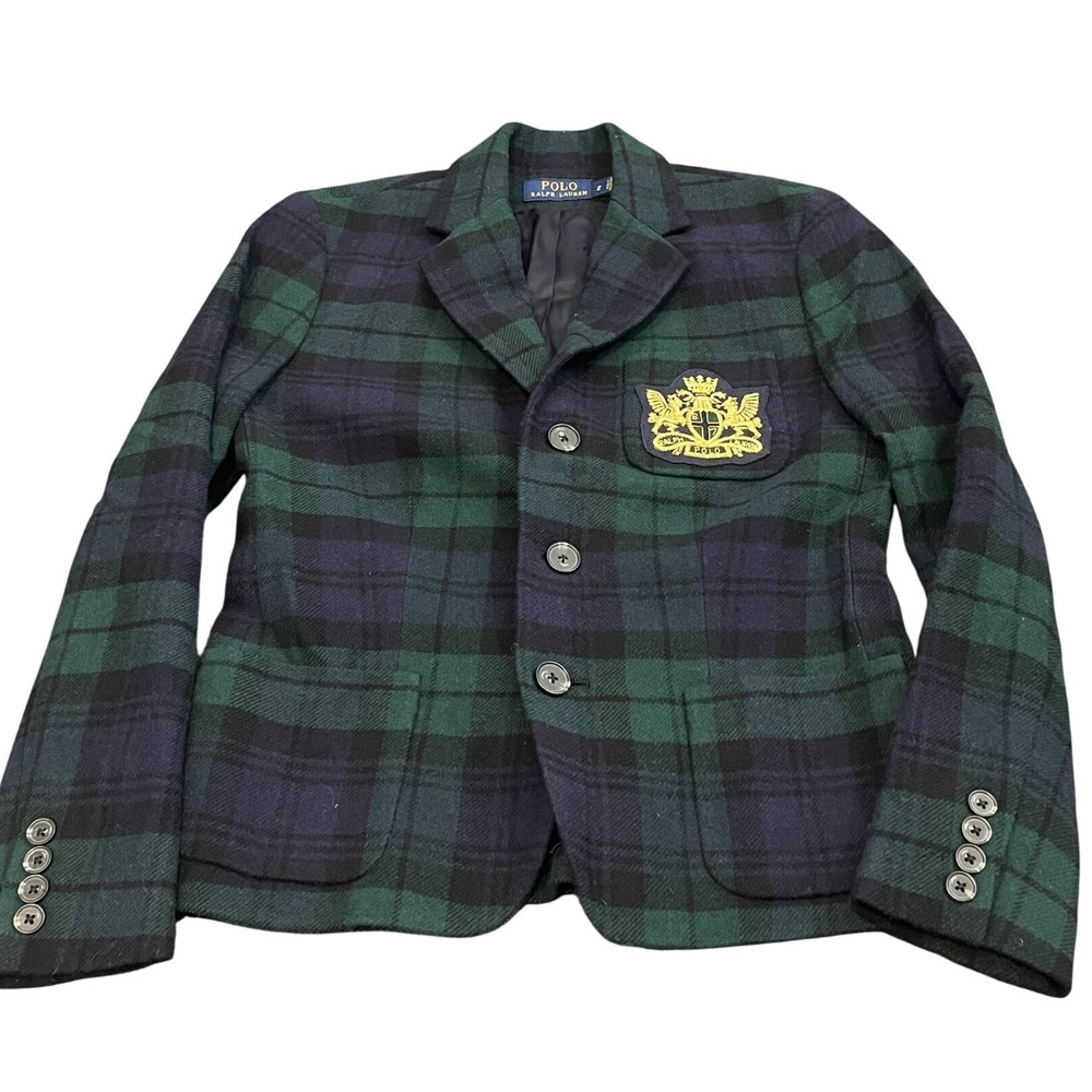Polo Ralph Lauren Blazer Womens 2 Green Black Watch Plaid Wool Cashmere Crest